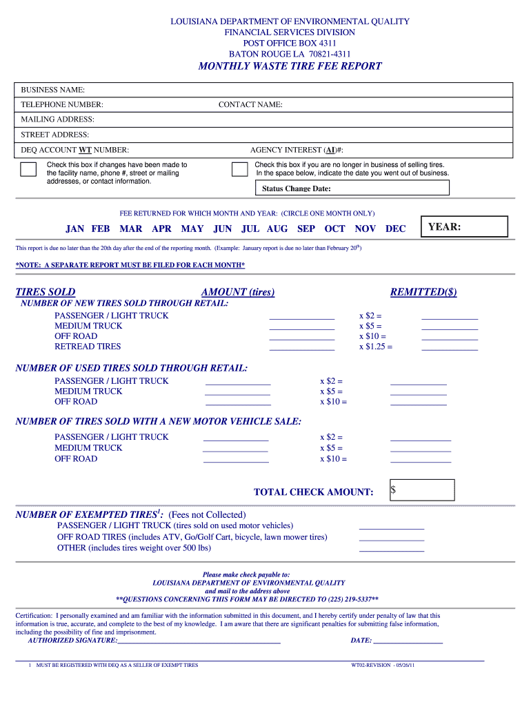  Individual Waste Tire Fee Report 052611  Louisiana  Deq Louisiana 2011