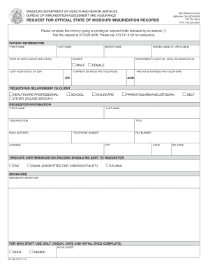 Missouri Department of Health and Senior Services Bureau of Immunization Assessment and Assurance Save Print REQUEST for OFFICIA  Form