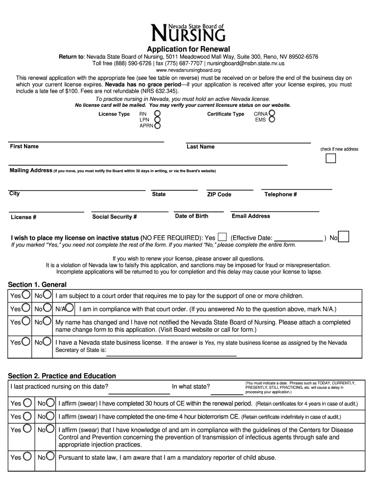 APRN Renewal Application Nevada State Board of Nursing Nevadanursingboard  Form