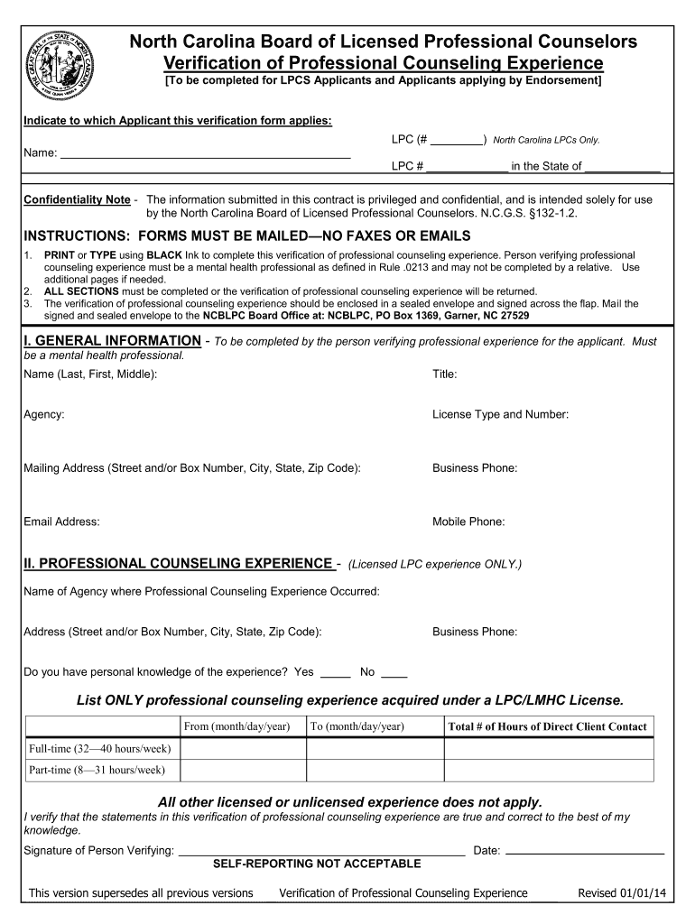 Verification of Professional Counseling Experience PDF  Ncblpc  Form