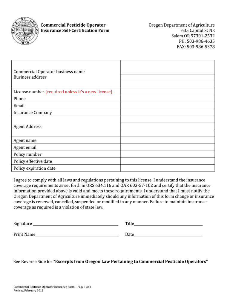  Commercial Pesticide Operator Insurance Form 2012-2024