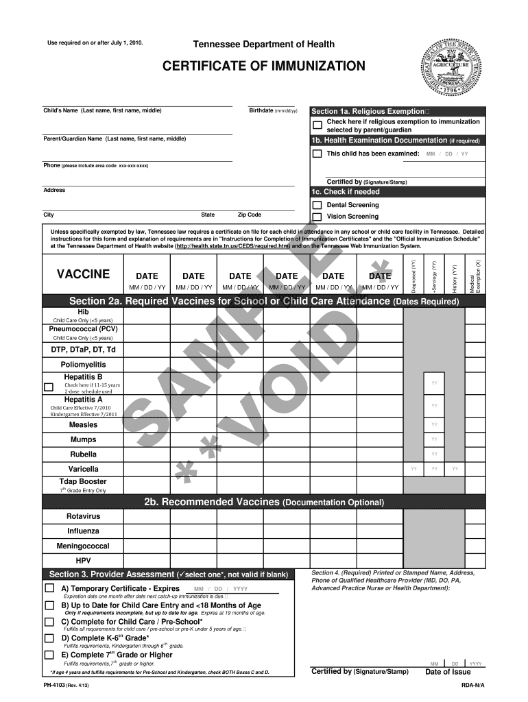 PDF Tennessee Certificate of Immunization Form