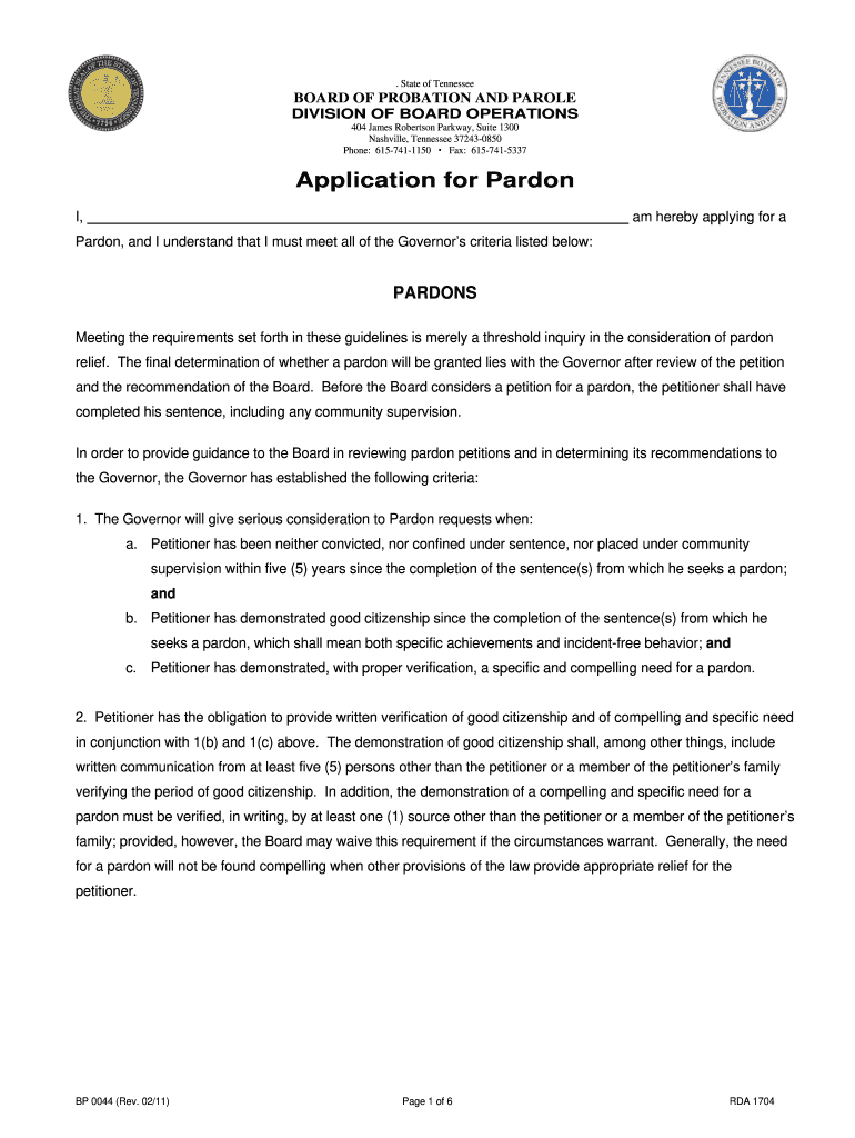 Tennessee Pardon Application  Form