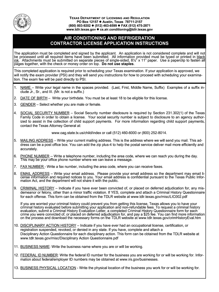 Air Conditioning Contractor License Texas Form