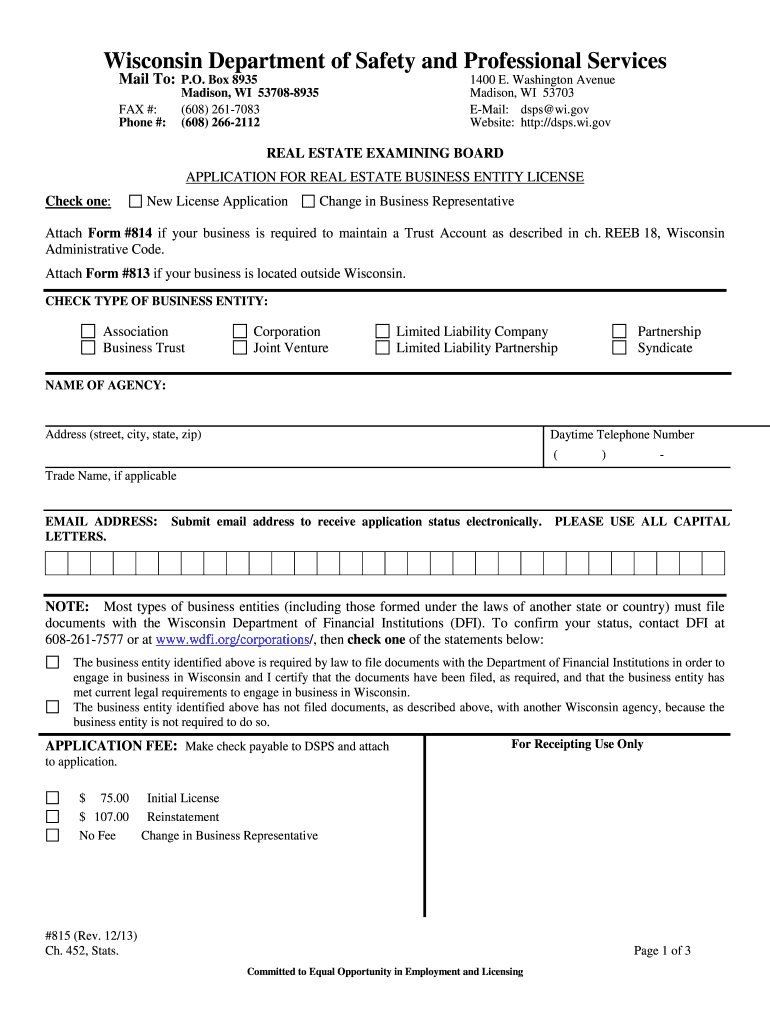 Get and Sign Form #815, Application for a Real Estate Business Entity License  Dsps Wi 2013