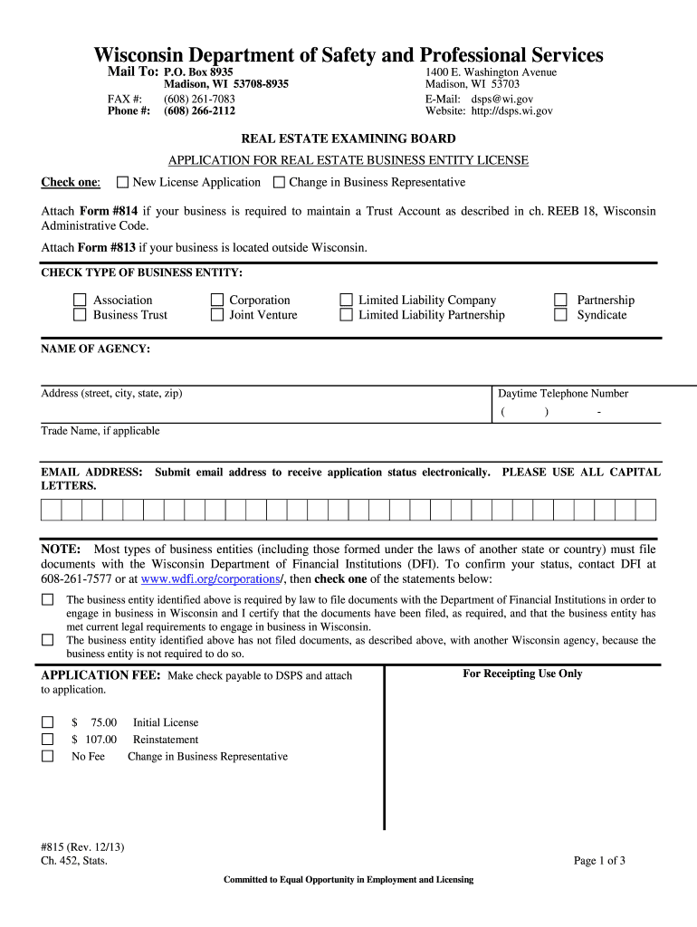  Form #815, Application for a Real Estate Business Entity License  Dsps Wi 2013