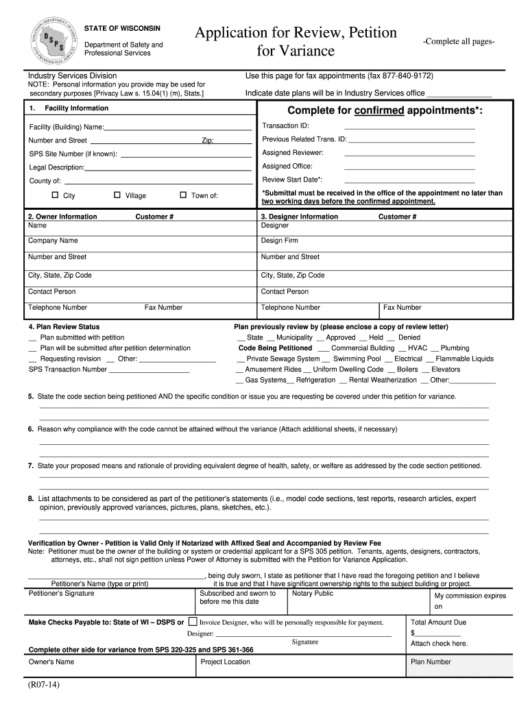 STATE of WISCONSIN Application for Review, Petition for Variance  Dsps Wi  Form