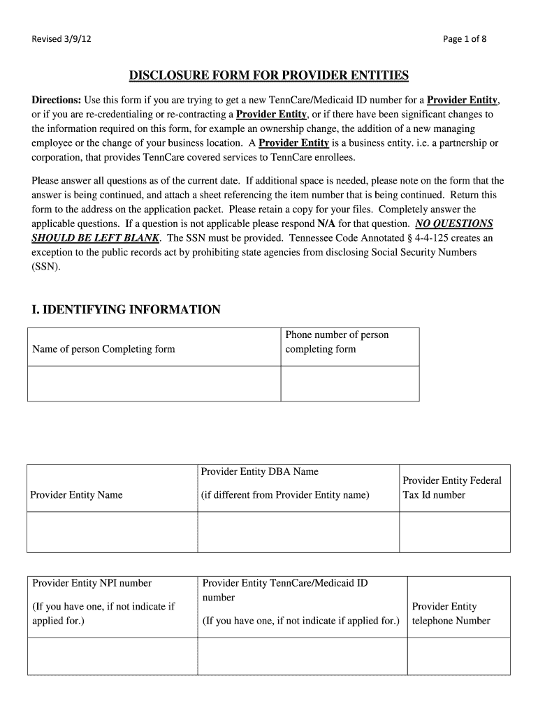 DISCLOSURE FORM for PROVIDER ENTITIES TN Tn