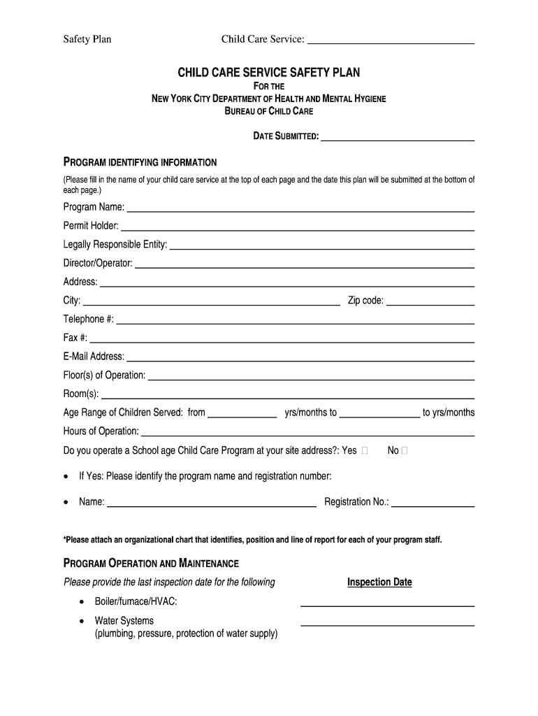 Child Care Service Safety Plan Dohmh  Form