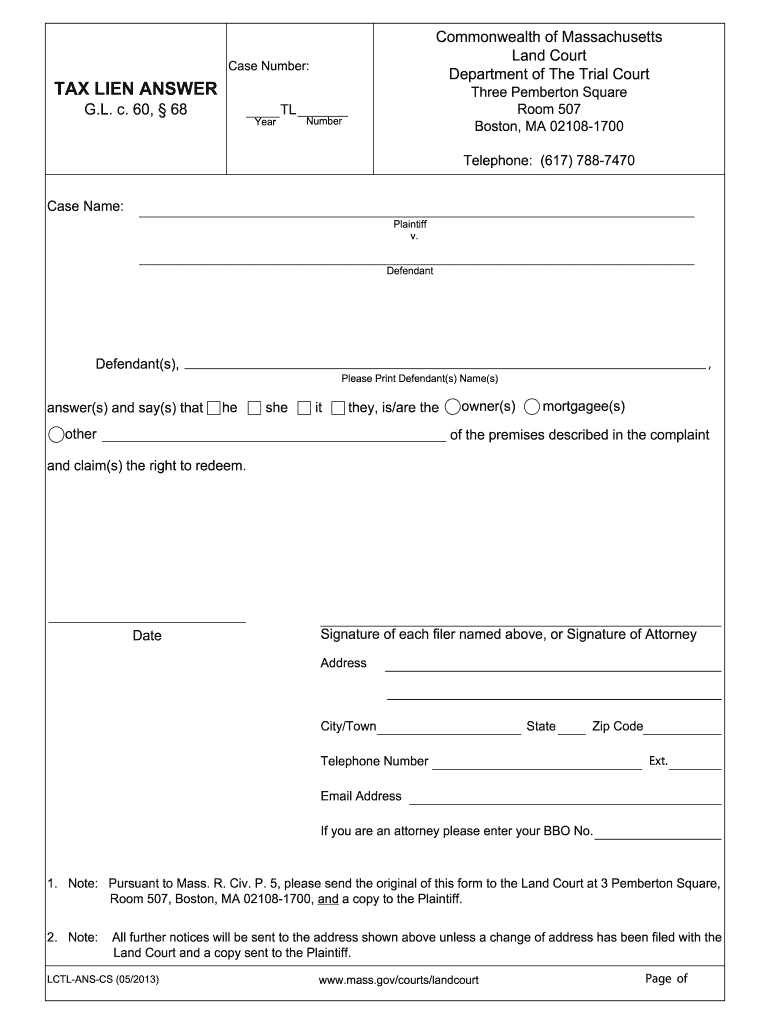  Fill Out Tax Lien Answer Land Form 2013-2024