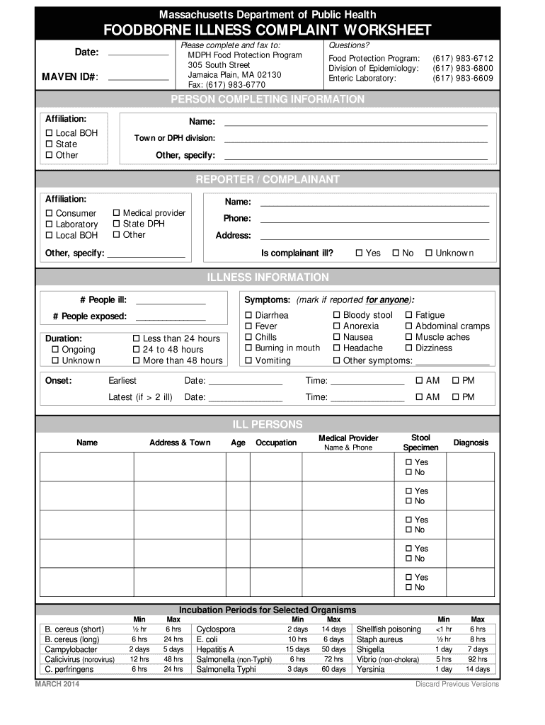 Illness Complaint Worksheet  Form