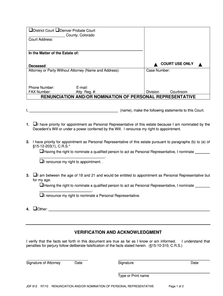  JDF 912 Renunciation and or Nomination of Personal Representative  Cobar 2010