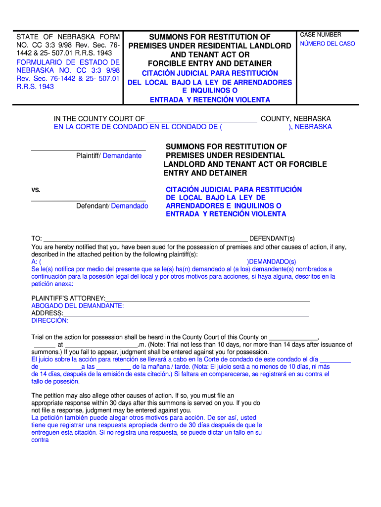 Get and Sign STATE of NEBRASKA FORM SUMMONS for RESTITUTION of CASE NUMBER Supremecourt Ne