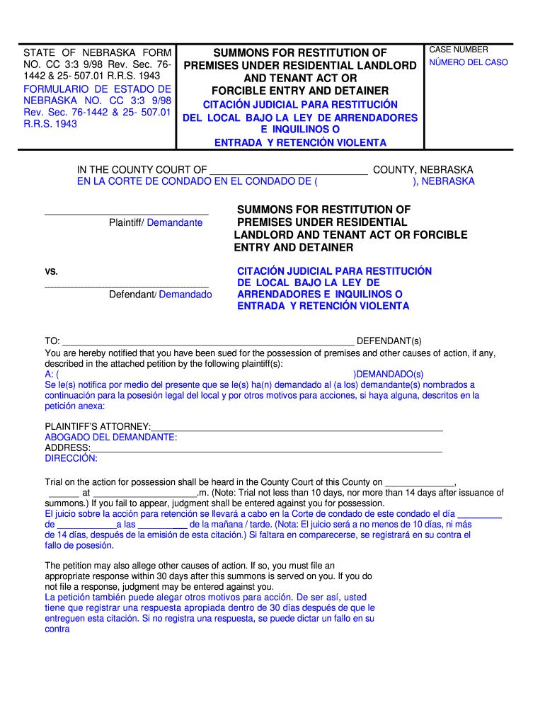 STATE of NEBRASKA FORM SUMMONS for RESTITUTION of CASE NUMBER Supremecourt Ne