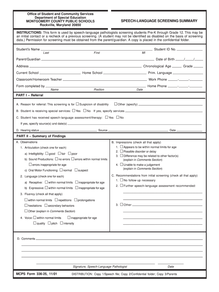 Speech Screening Form 2001-2024
