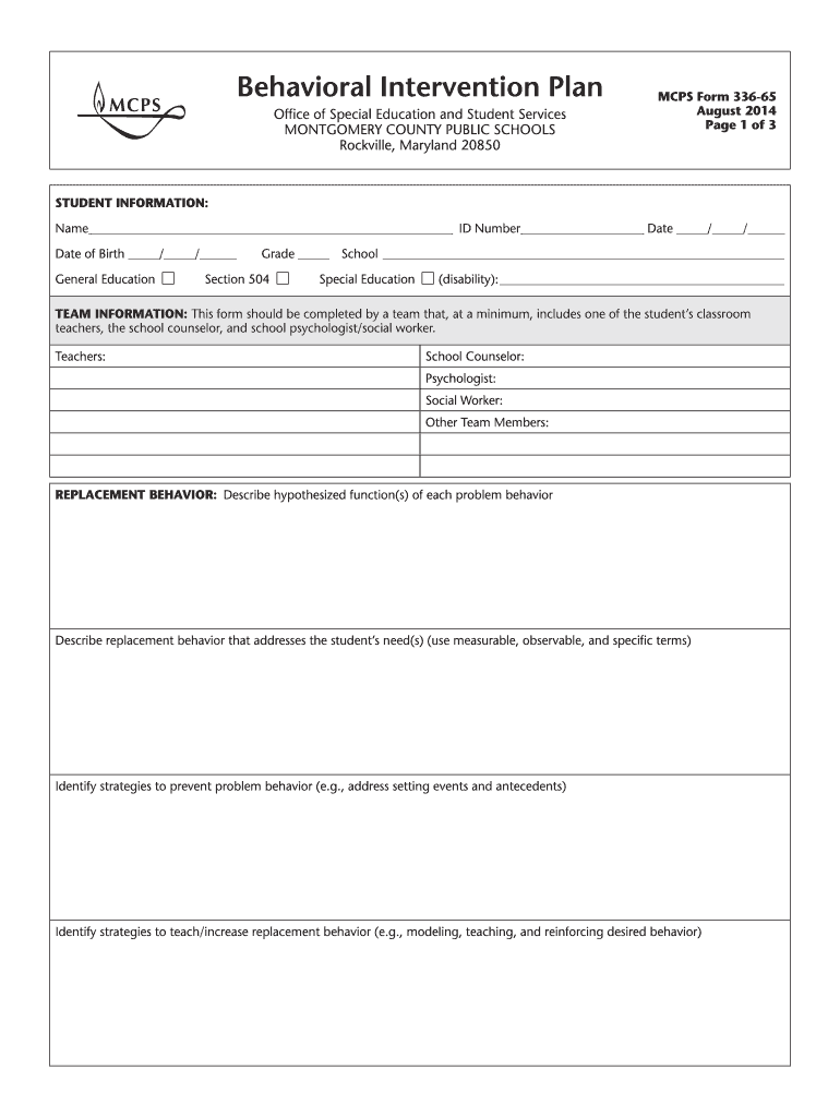  MCPS Form 336 65, Behavioral Intervention Plan  Montgomery    Mcps K12 Md 2014