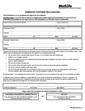 DOMESTIC PARTNER DECLARATION Benefits from MetLife  Form