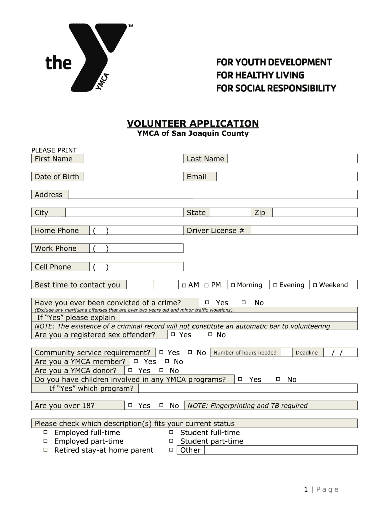 Ymca Application Print Out for Voluntering  Form