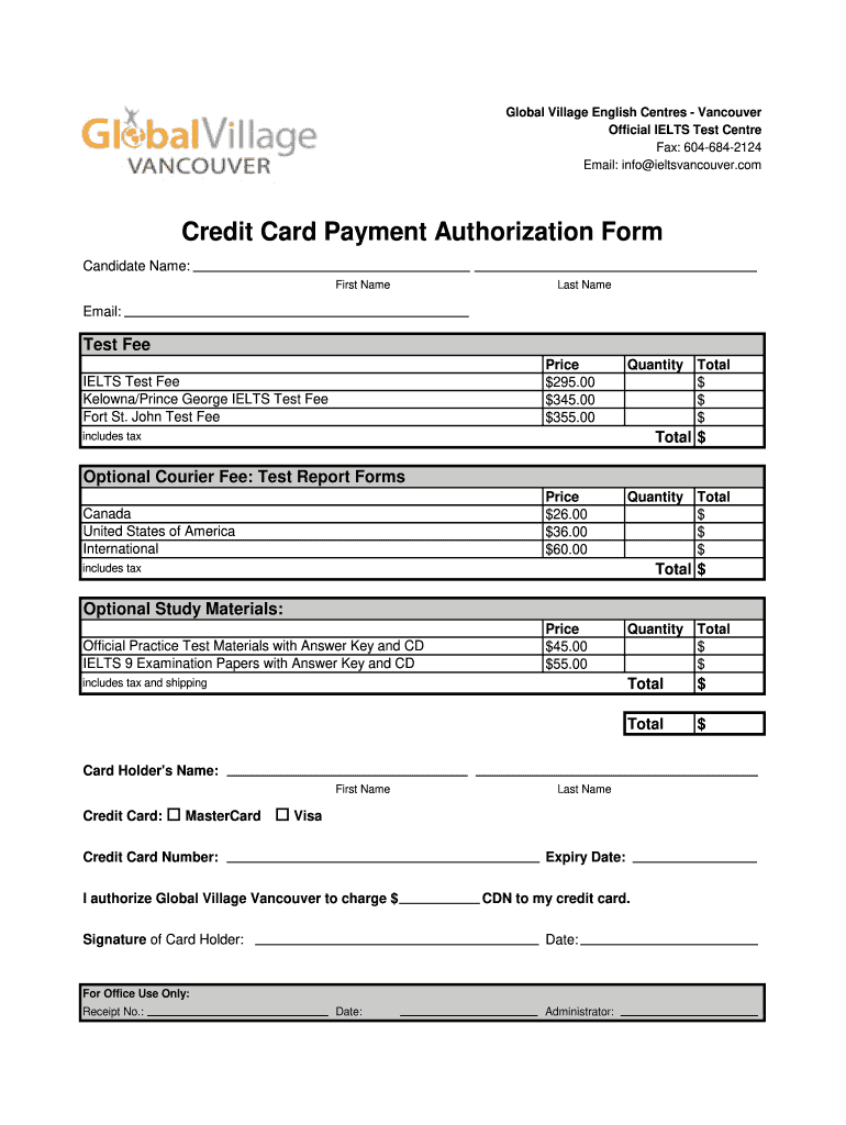 Credit Card Payment Authorization Form  IELTS Vancouver