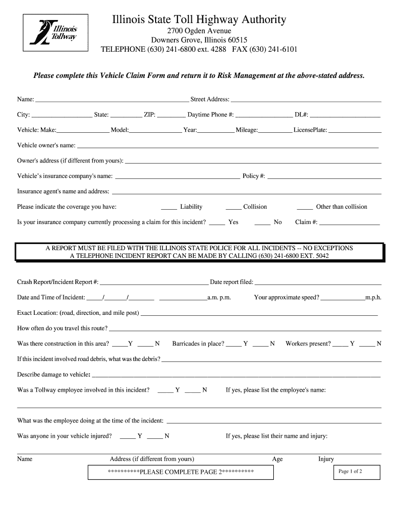  Illinois Tollway Claim Form 2008-2024