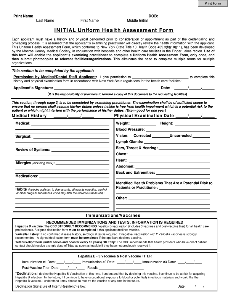 Get and Sign INITIAL Uniform Health Assessment Form  Monroe County Medical    Mcms 2010-2022