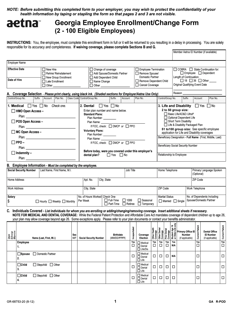  Georgia Employee EnrollmentChange Form  Rogers Benefit Group 2012-2024