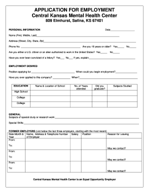Get and Sign Application for Employment Central Kansas Mental Health Center Ckmhc  Form