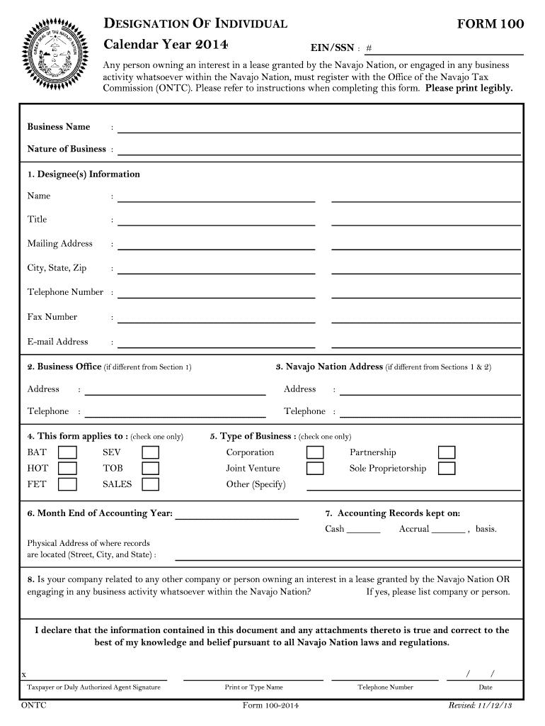  Navajo Form 100 2014