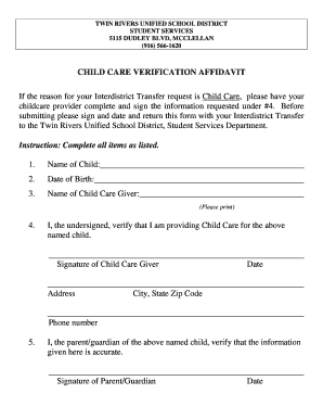  Child Care Verification Affidavit Twin Rivers Unified School District Twinriversusd 2014