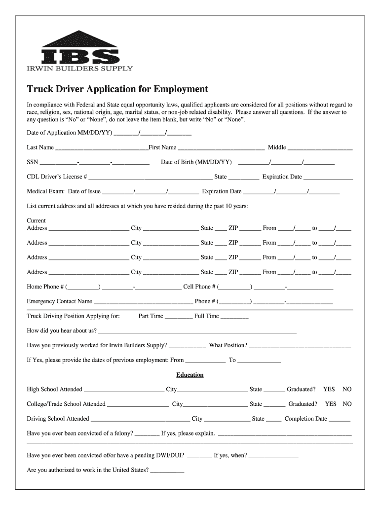 Truck Driver Application  Form