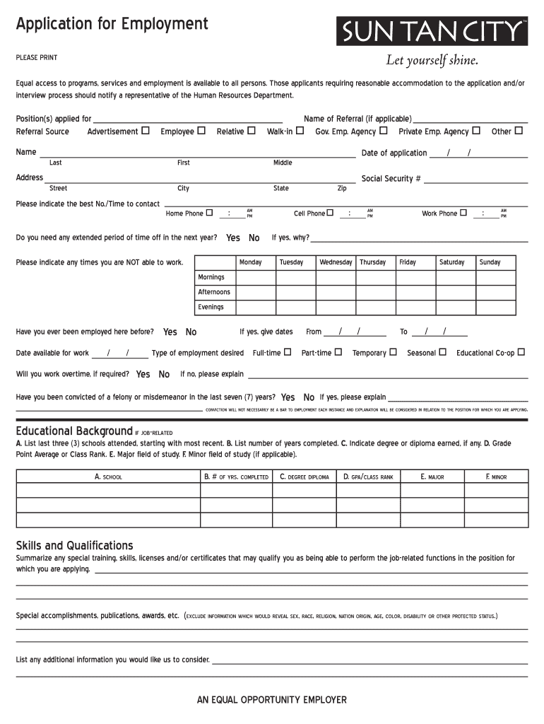 Sun Tan City Application  Form