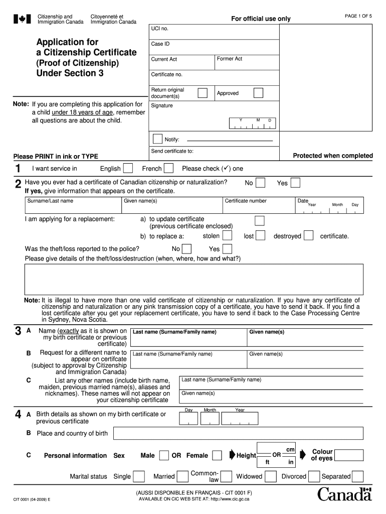  CIT 0001E Application for a Citizenship Certificate Proof of 2009