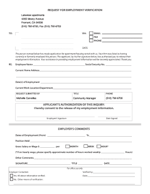 Reset Form REQUEST for EMPLOYMENT VERIFICATION Lakeview Apartments 4205 Mowry Avenue Fremont, CA 94538 510 792 6700, Fax 510 792