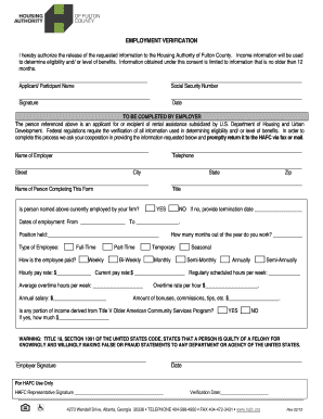 Employment Verification the Housing Authority of Fulton County Hafc  Form