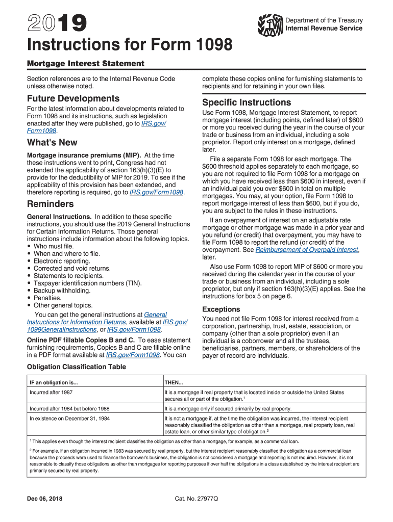 1098 Instructions Mortgage Interest Statement  Form