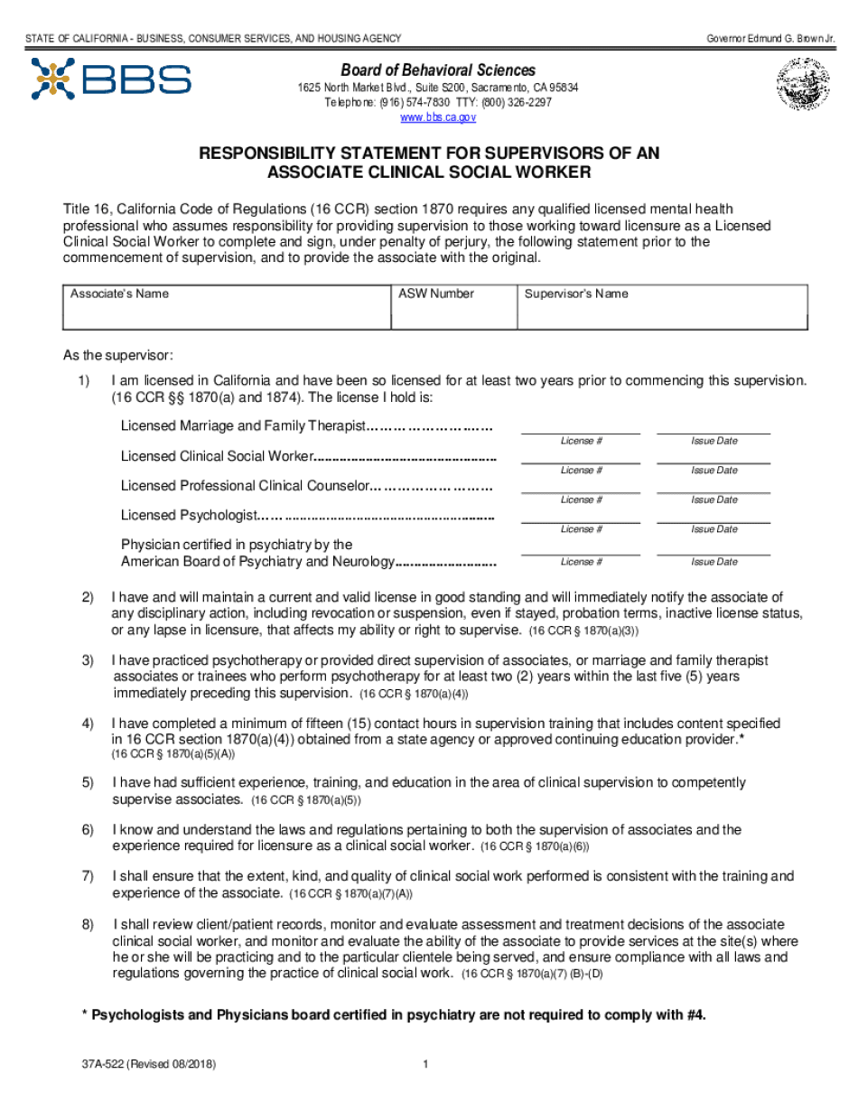  Responsibility Statement for Supervisors of an Associate Clinical Social Worker 2018