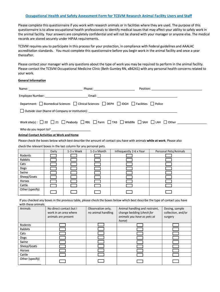  Occupational Health and Safety Assessment Form for TCSVM 2018-2024