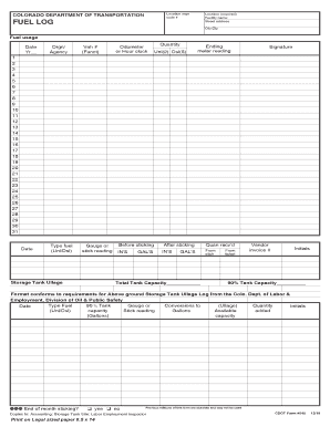  COLORADO DEPARTMENT of TRANSPORTATION FUEL LOG 2 Pages Bulk Fuel Transaction Log; Fuel Dispensed into Trucks, End of Month Inven 2018-2024