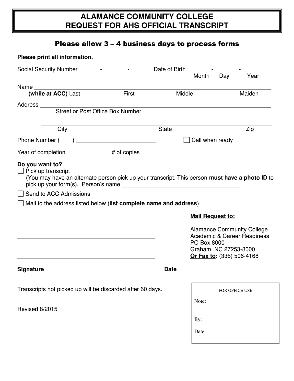  REQUEST for AHS OFFICIAL TRANSCRIPT 2015-2024