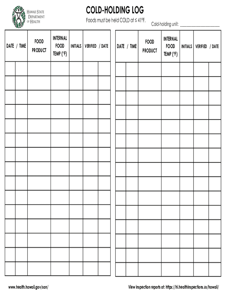 LANDHOLDING LOG Foods Must Be Held COLD at 41F DAT  Form
