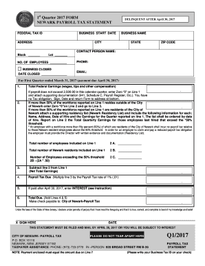Get and Sign Newark Quarter Payroll Tax Statement  Form 2017