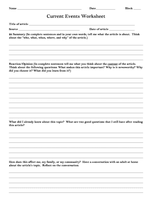 Current Events Worksheet PDF  Form