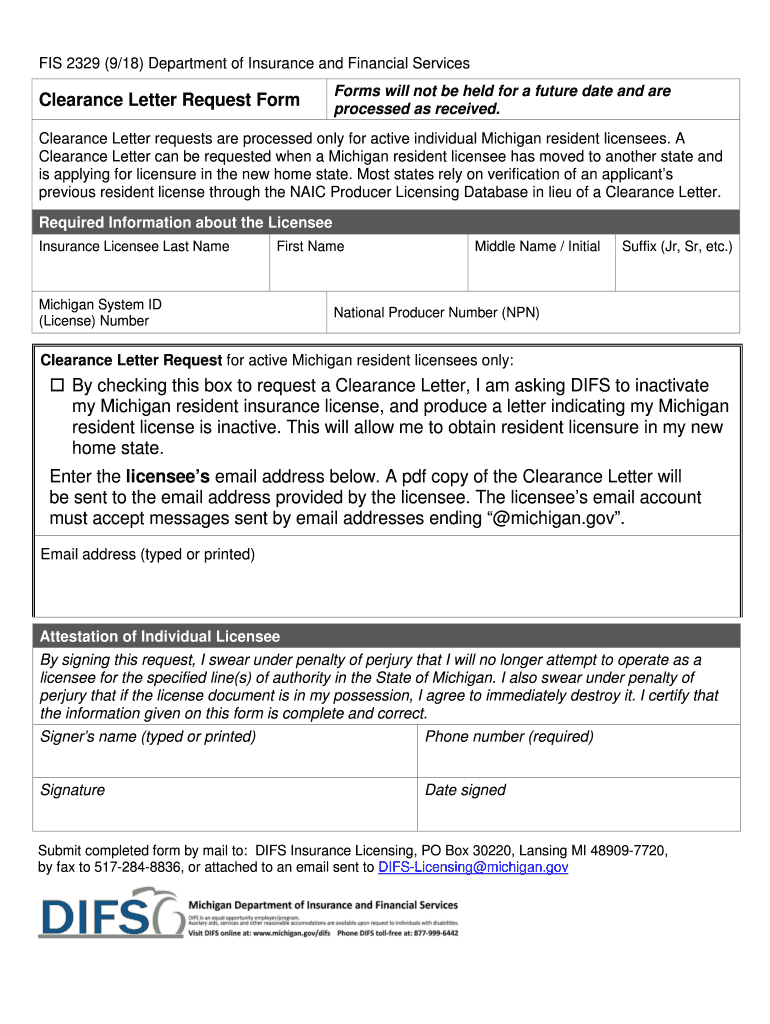 FIS 2329 Clearance Letter Request Form