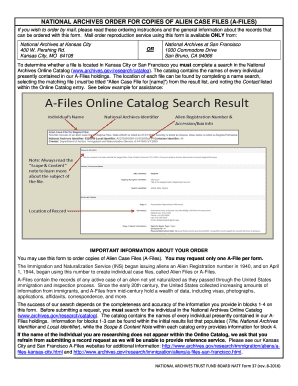 NATIONAL ARCHIVES ORDER for COPIES of ALIEN CASE FILES ALIEN CASE FILES a FILES  Form