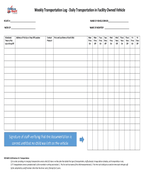 Weekly Transportation Log Daily Transportation in Facility Owned Vehicle  Form