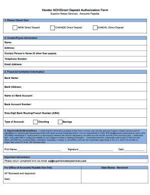 Vendor ACHDirect Deposit Authorization Form