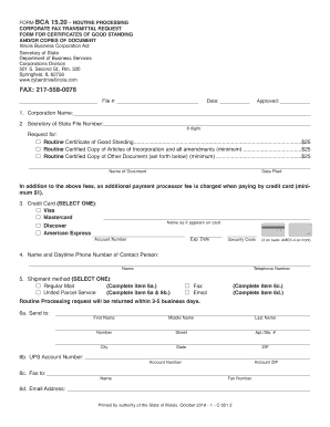  Corporate Fax Transmittal Request Form for Certificates of Good Standing Andor Copies of Document Routine Processing 2018