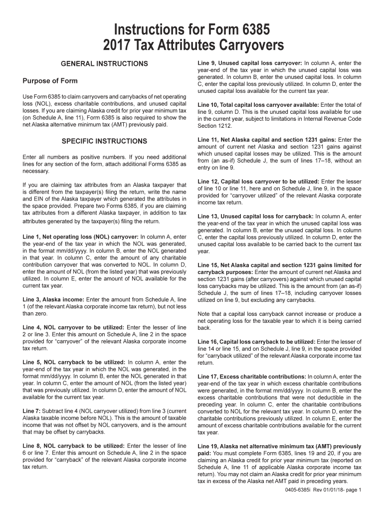  Instructions for Form 6385 Tax Attributes Carryovers  Alaska 2017