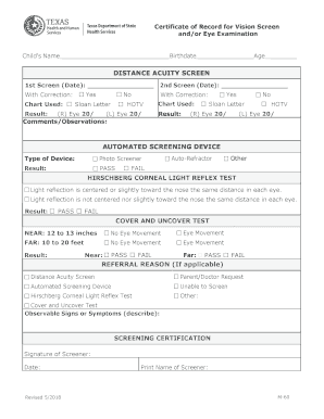 Form M 60 Certificate of Record for Vision Screen Andor Eye Examination