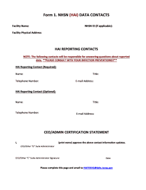 Form 1 NHSN HAI DATA CONTACTS Dshs State Tx Us